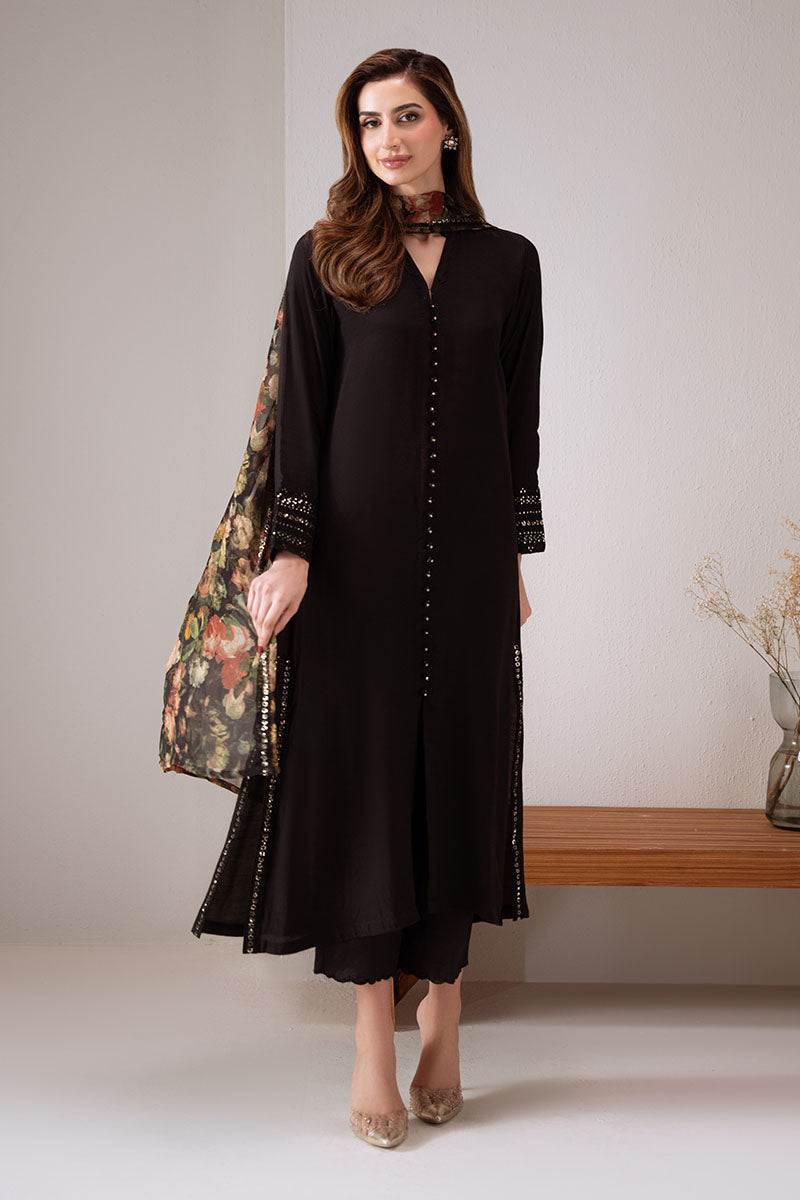 Cross Stitch - Dark Elegance Silk Suit For Women - Black - 2 Piece