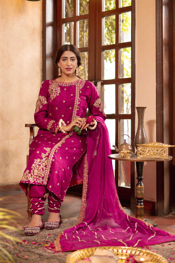 Omal by Komal - Mehnaaz - Magenta - Chiffon & Silk - 3 Piece