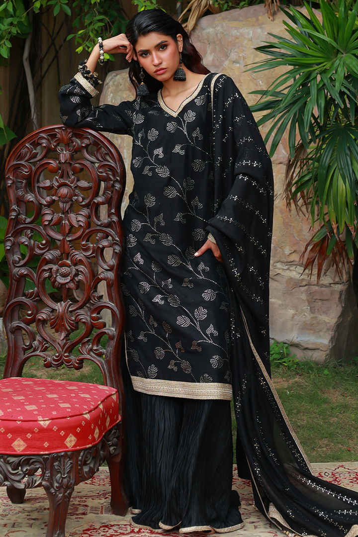 Huma Adnan - Leena - Silk - Black - 3 Piece