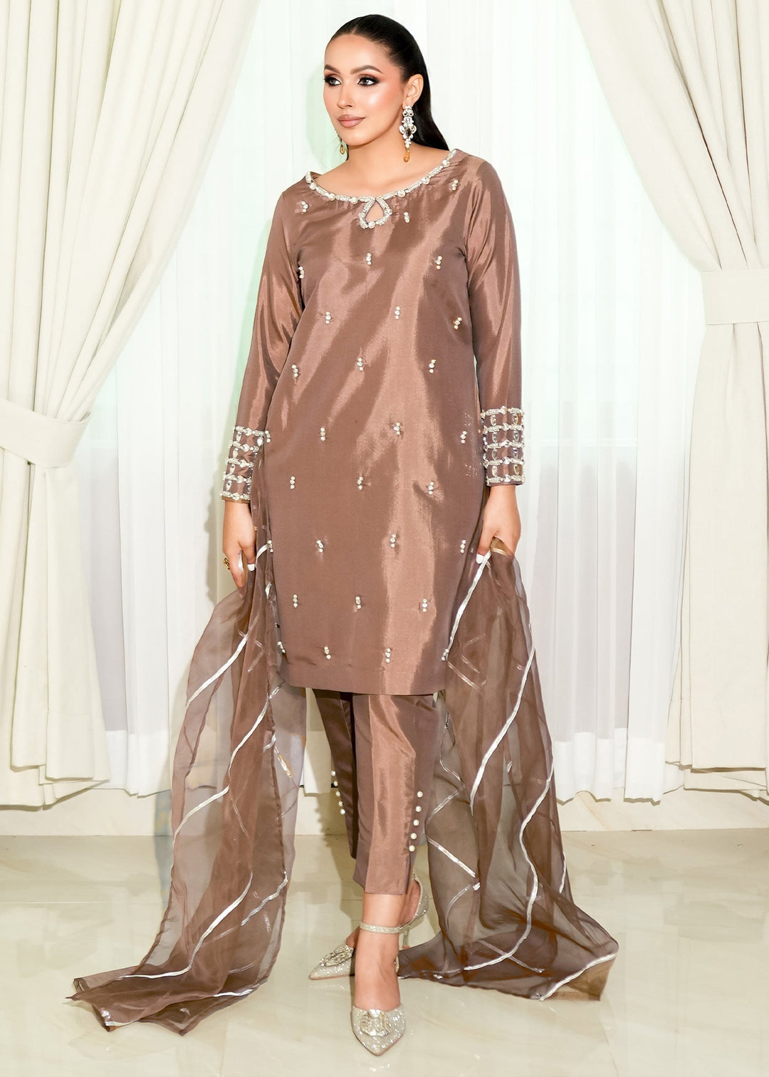 Allure By Ih - Zelda Raw Silk Suit For Women - Brown - 3 Piece