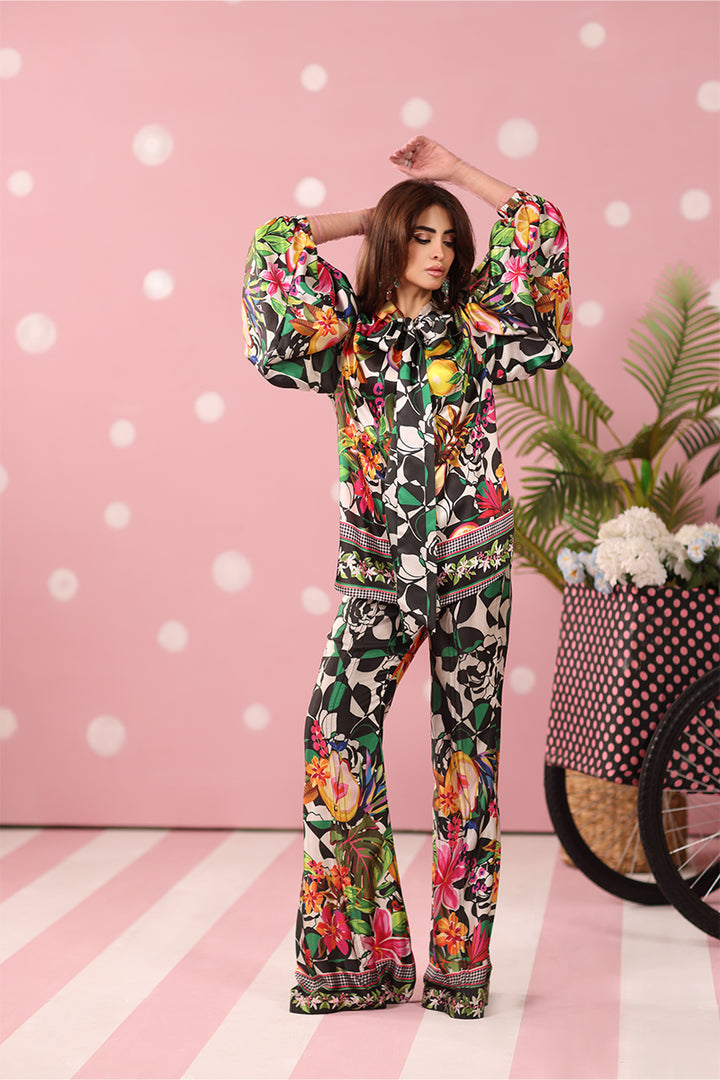 Musferah Saad - Noir Tropics Printed Silk Suit For Women - 3 piece