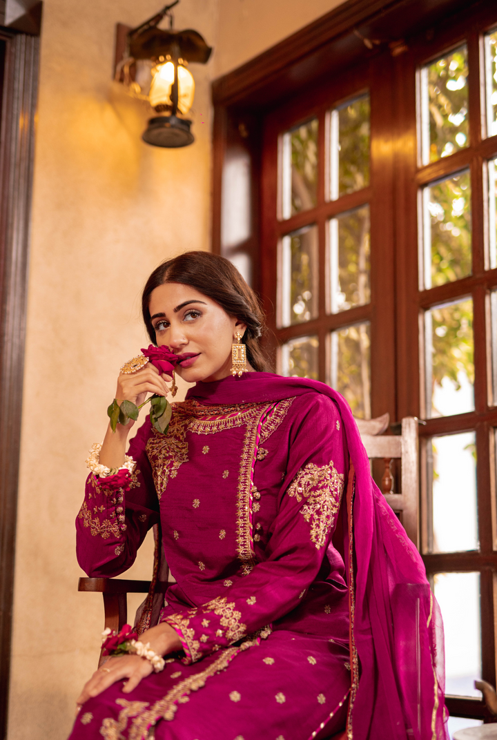 Omal by Komal - Mehnaaz - Magenta - Chiffon & Silk - 3 Piece