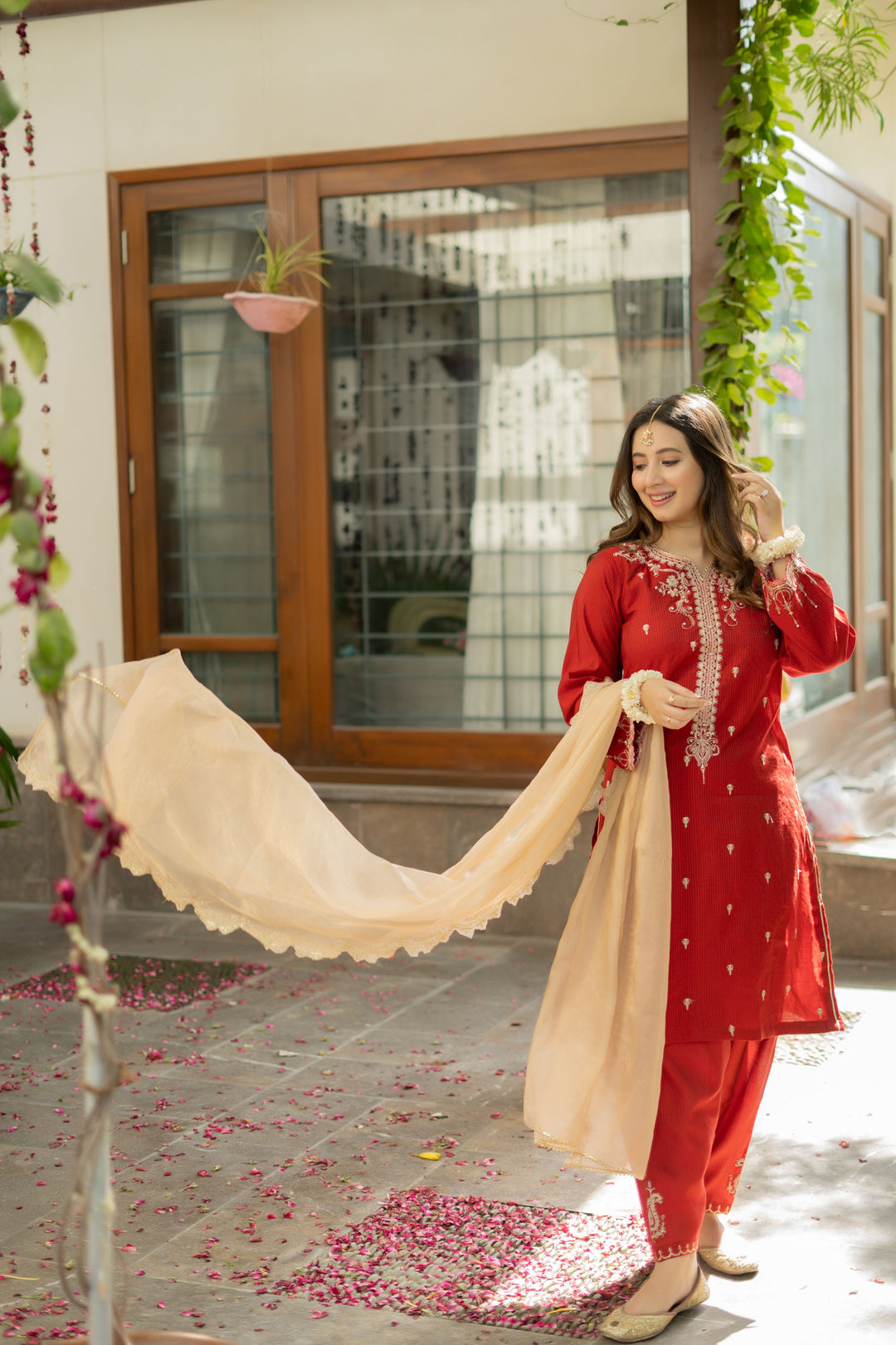 Omal by Komal - RONAQ (Shirt & Dupatta) - Red - Cotton & Maysuri - 2 Piece