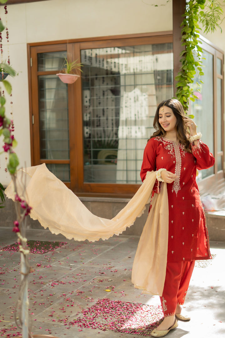 Omal by Komal - RONAQ (Shirt & Dupatta) - Red - Cotton & Maysuri - 2 Piece