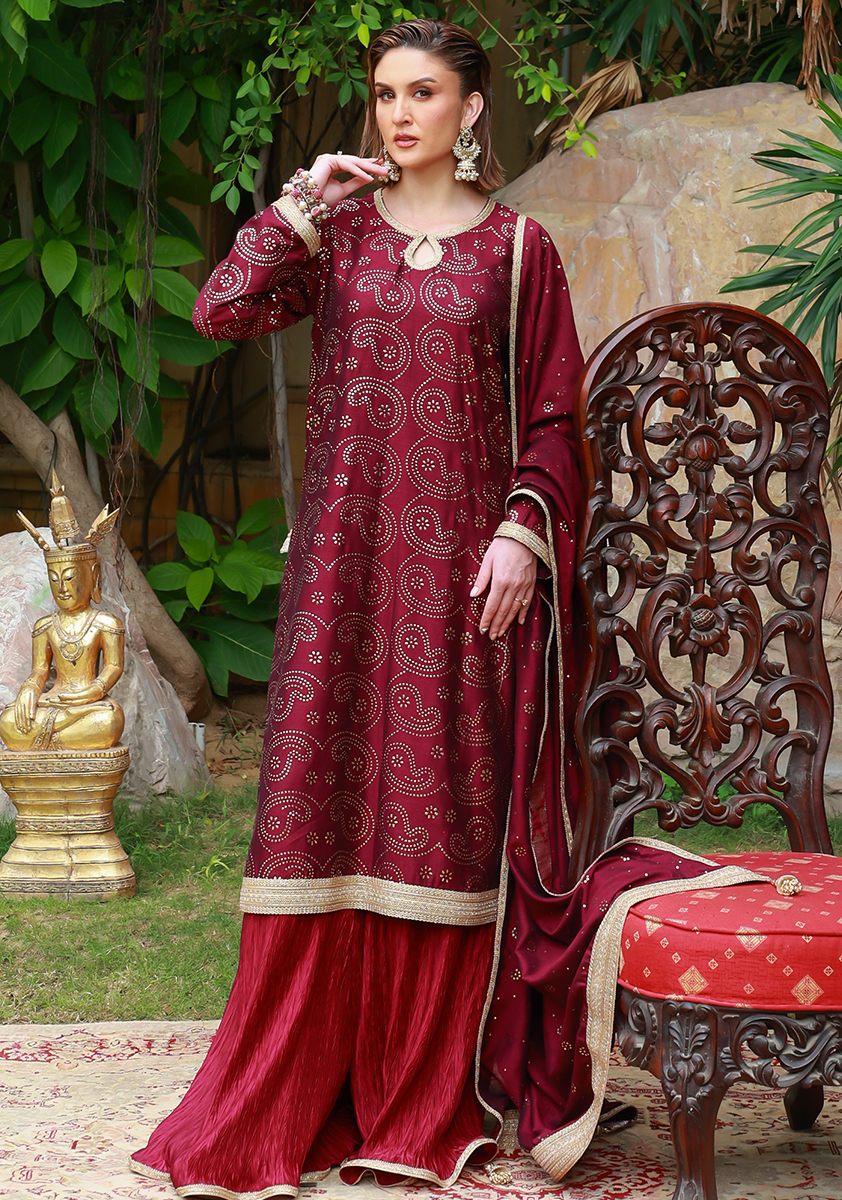 Huma Adnan - Reha - Silk - Maroon - 3 Piece