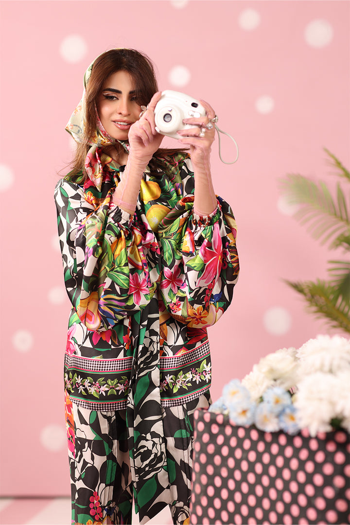 Musferah Saad - Noir Tropics Printed Silk Suit For Women - 3 piece