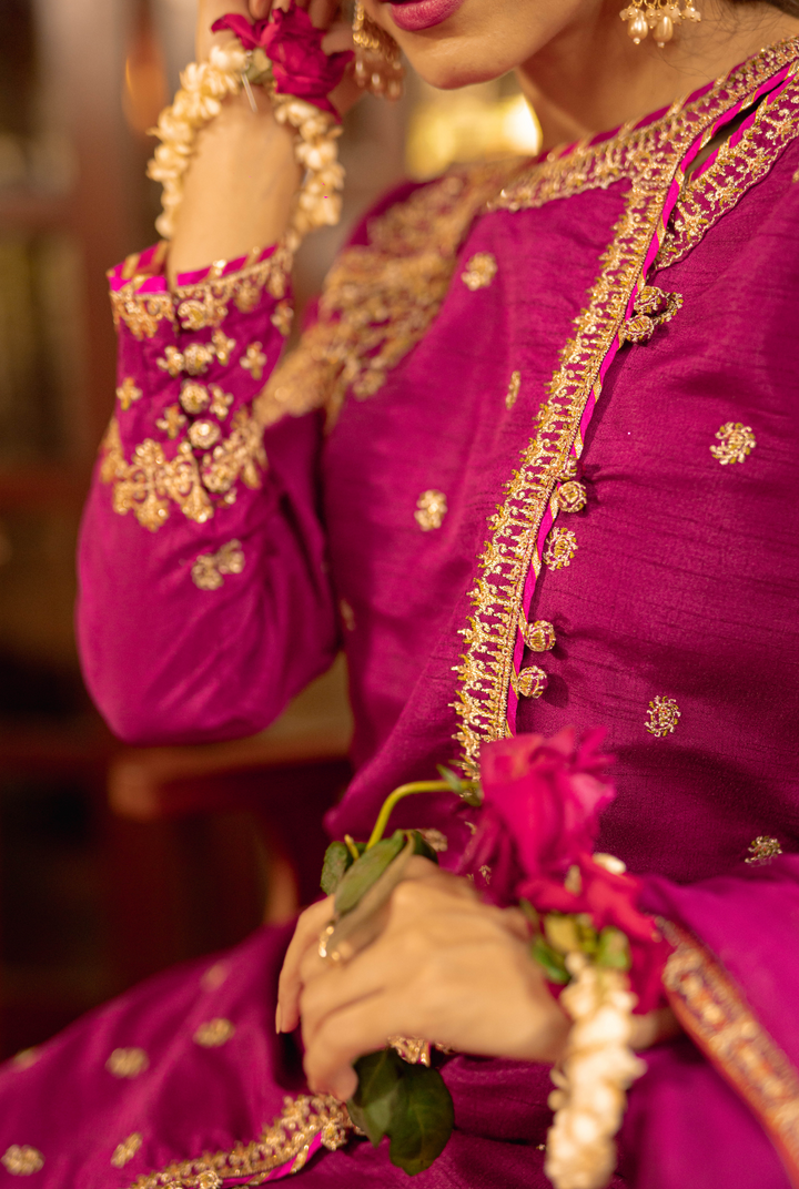 Omal by Komal - Mehnaaz - Magenta - Chiffon & Silk - 3 Piece