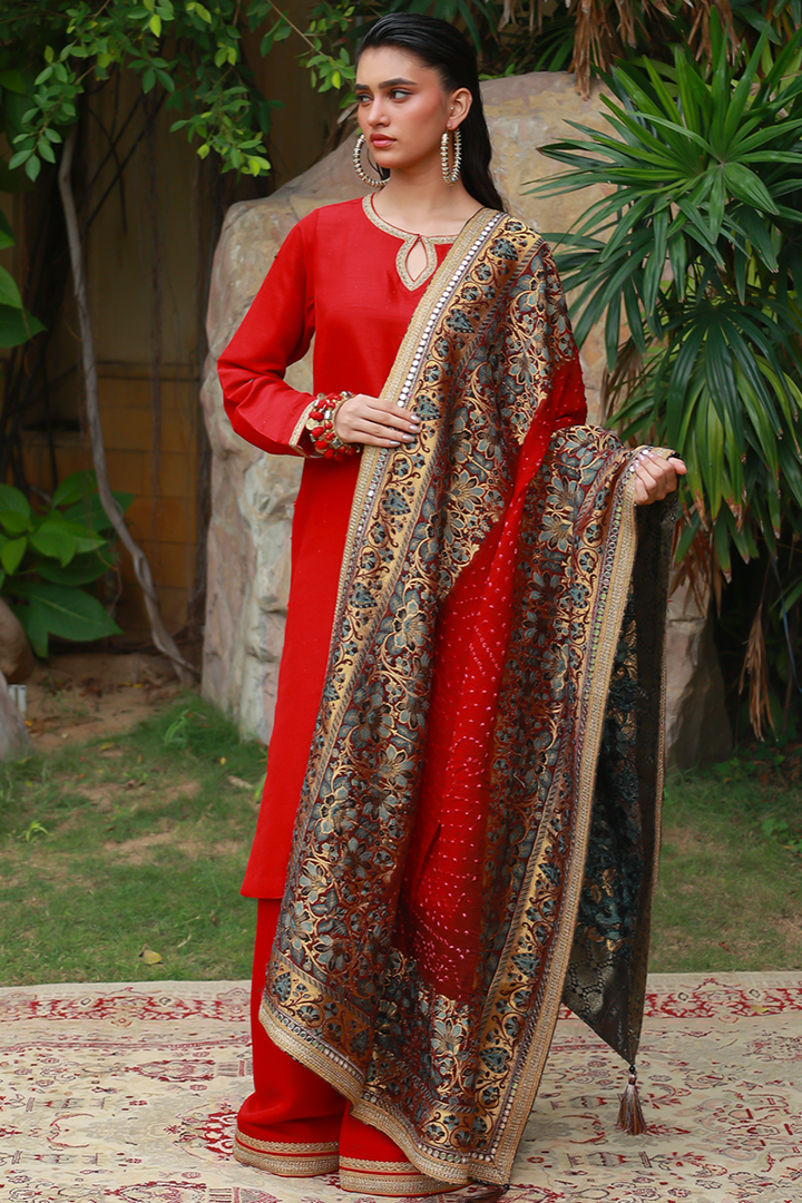 Huma Adnan - Naima - Raw Silk - Red - 3 Piece