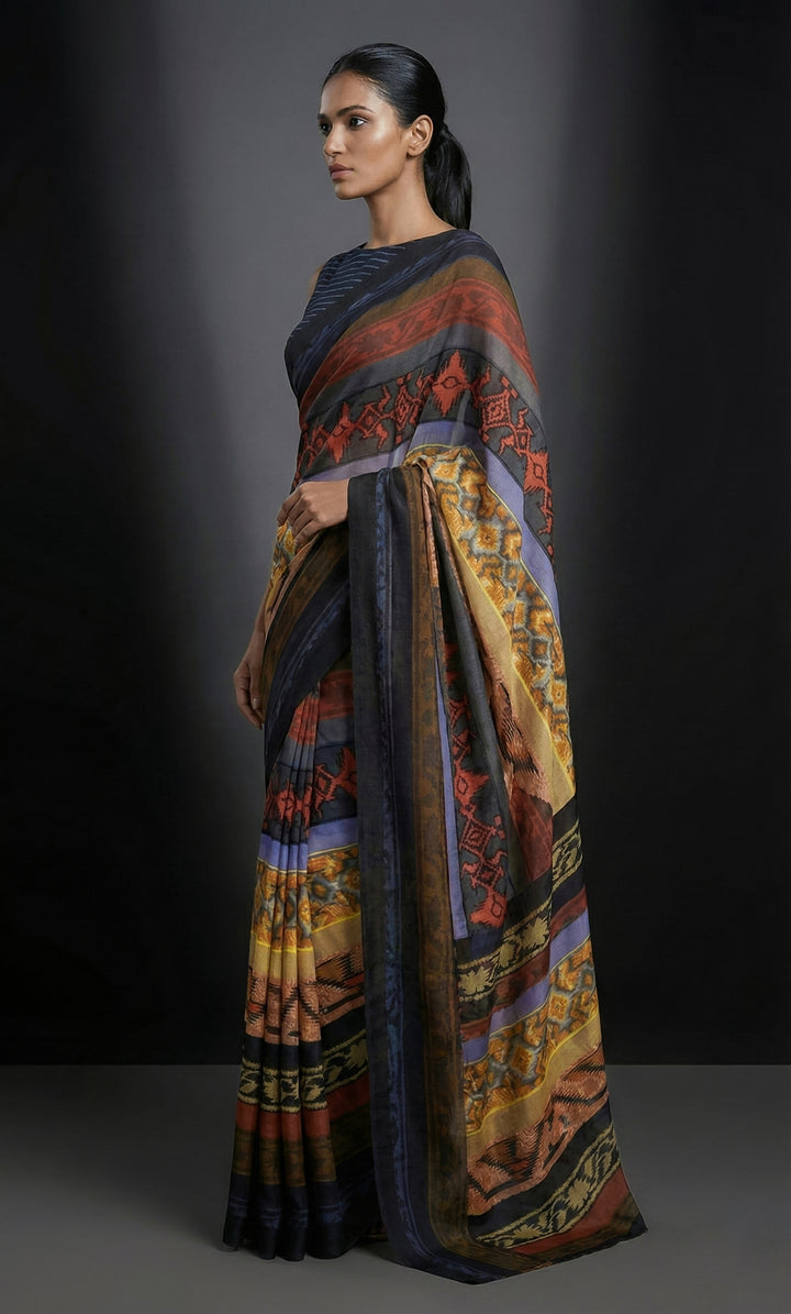 Maheen Khan - Ikat Print Blended Chiffon Sari For Women - Maroon/Ochre/Grey - 1 Piece