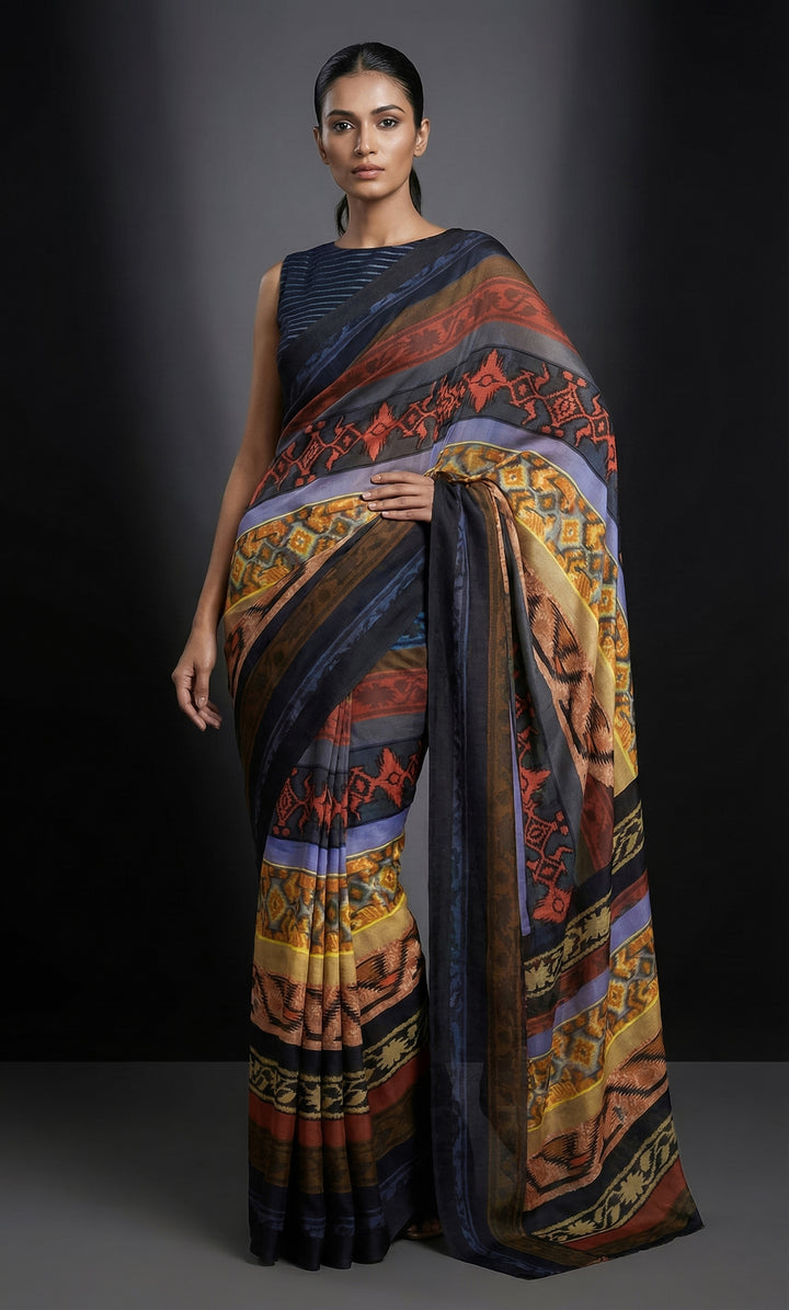 Maheen Khan - Ikat Print Blended Chiffon Sari For Women - Maroon/Ochre/Grey - 1 Piece