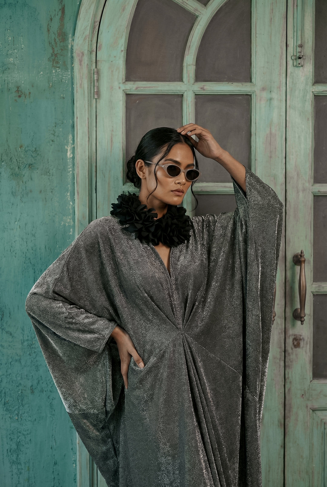 Maheen Khan - Silver Moonlight Jersey Kaftan For Women - Black Silver - 1 Piece