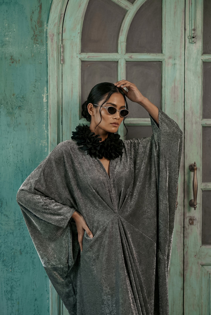 Maheen Khan - Silver Moonlight Jersey Kaftan For Women - Black Silver - 1 Piece