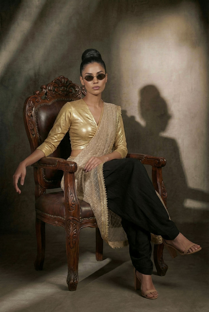 Maheen Khan - Drawstring Blended Chiffon V Neck Blouse For Women - Gold - 1 Piece