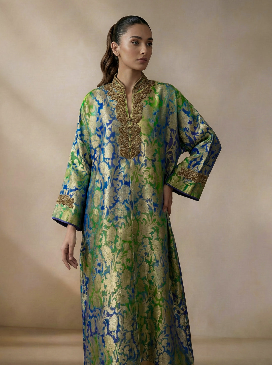 Maheen Khan - Pure Silk Aurelia Royale Kaftan For Women - Blue Green - 2 Piece - Studio by TCS
