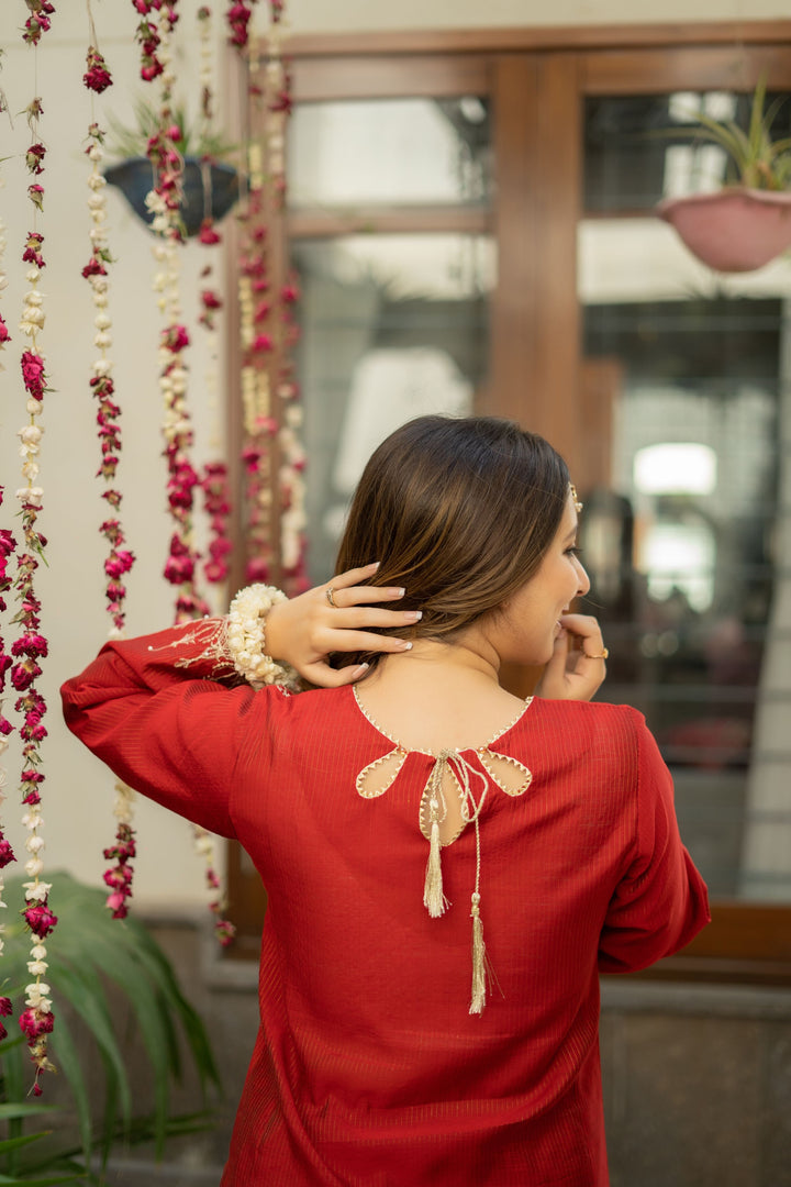 Omal by Komal - RONAQ (Shirt & Dupatta) - Red - Cotton & Maysuri - 2 Piece