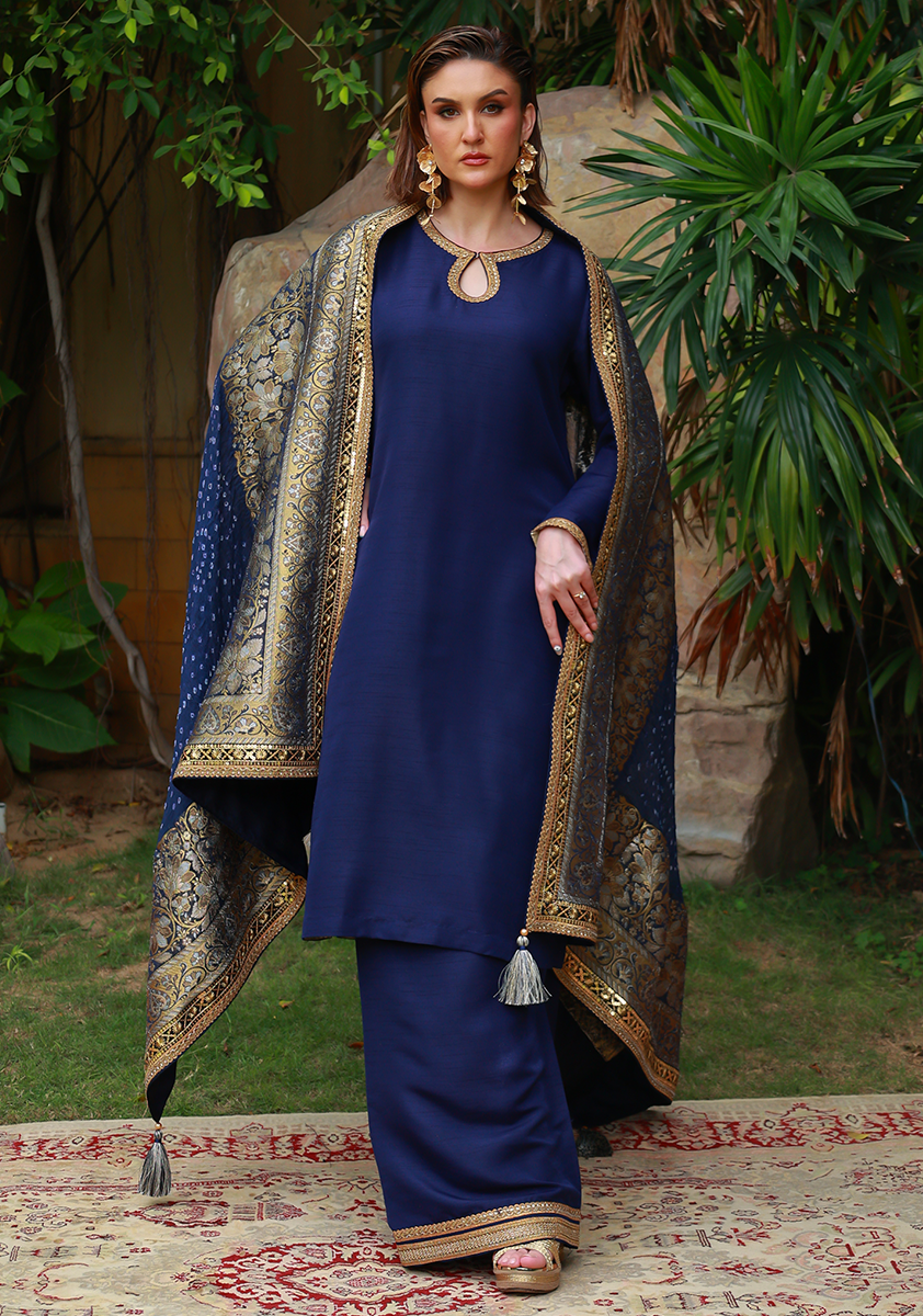 Huma Adnan - Samar - Jamawar - Navy Blue - 3 Piece