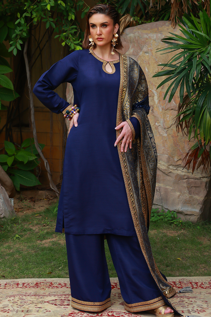 Huma Adnan - Samar - Jamawar - Navy Blue - 3 Piece