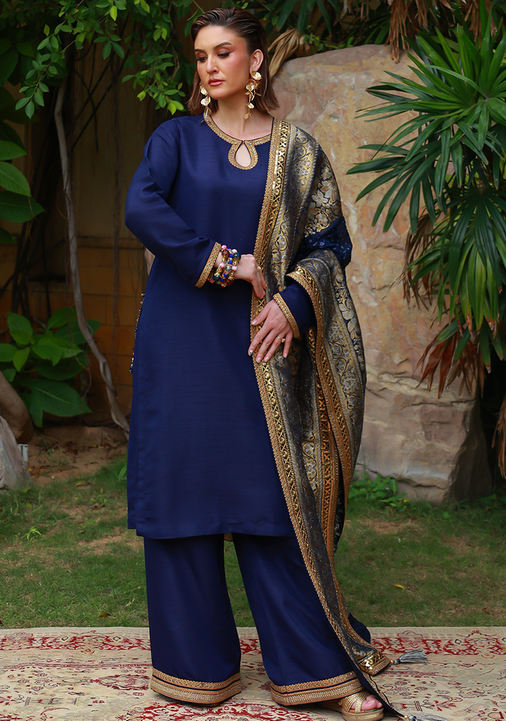Huma Adnan - Samar - Jamawar - Navy Blue - 3 Piece