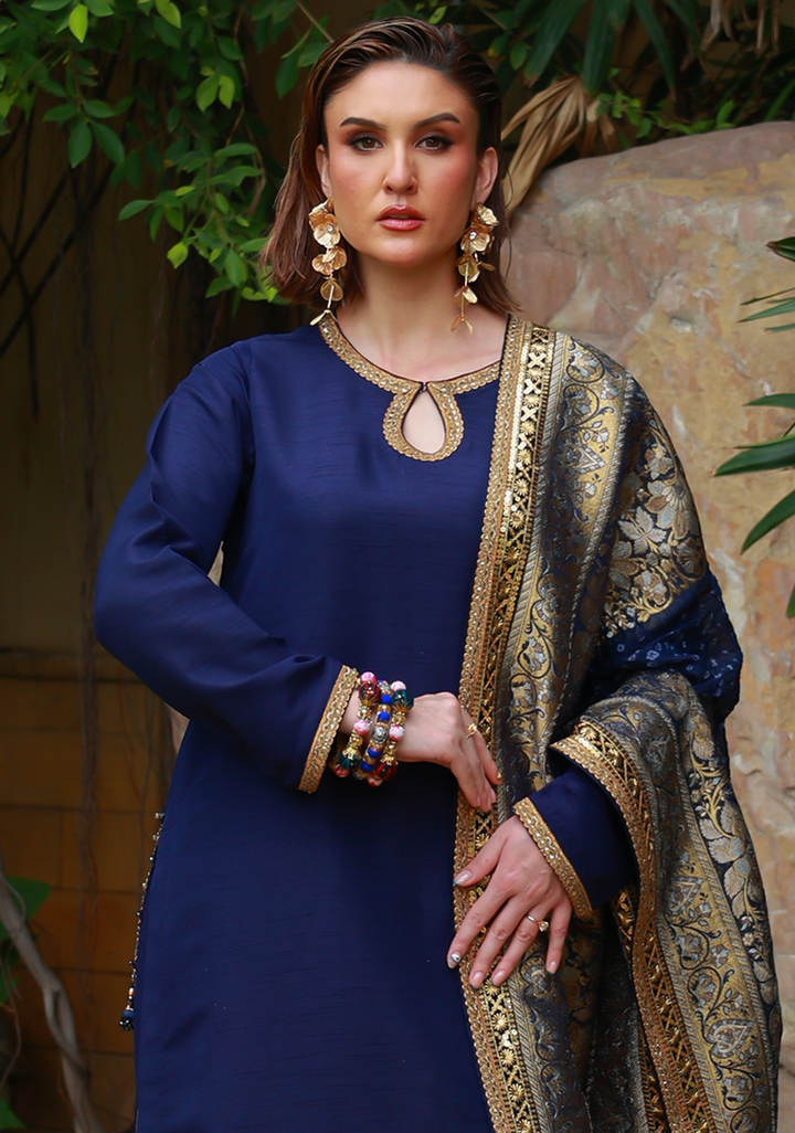 Huma Adnan - Samar - Jamawar - Navy Blue - 3 Piece