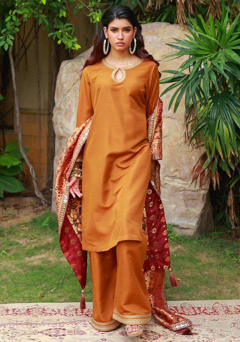 Huma Adnan - Sabeen - Jamawar - Mustard - 3 Piece