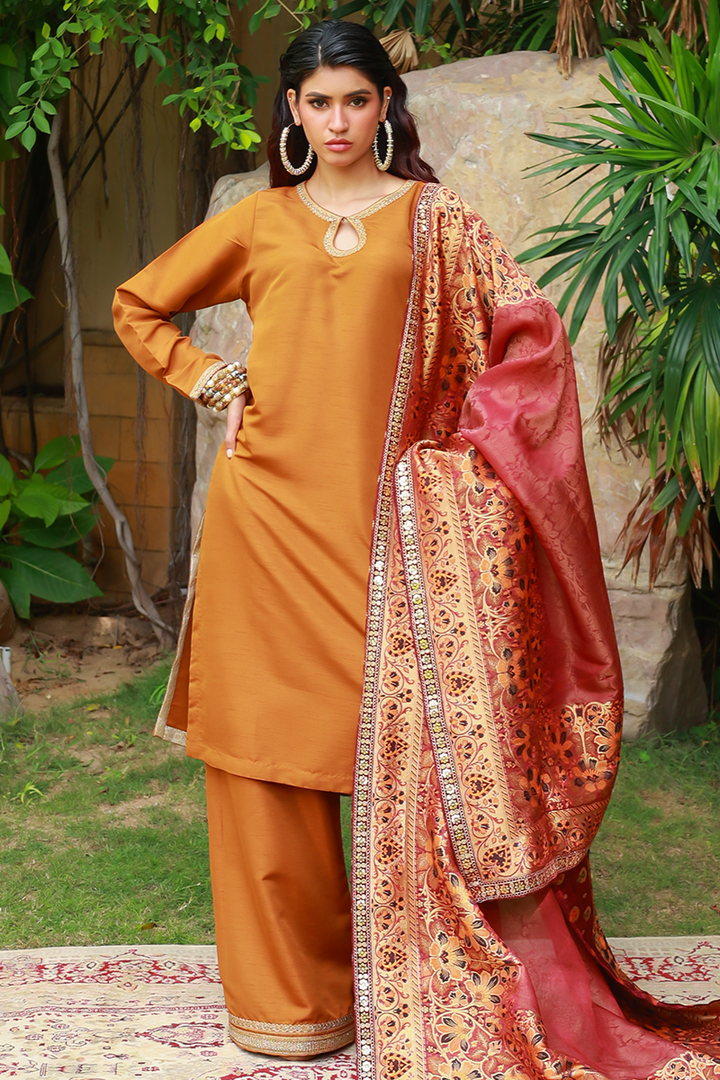 Huma Adnan - Sabeen - Jamawar - Mustard - 3 Piece