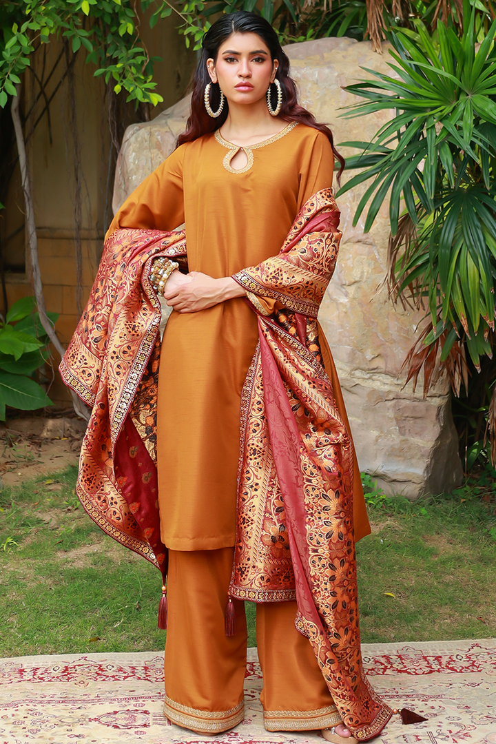 Huma Adnan - Sabeen - Jamawar - Mustard - 3 Piece