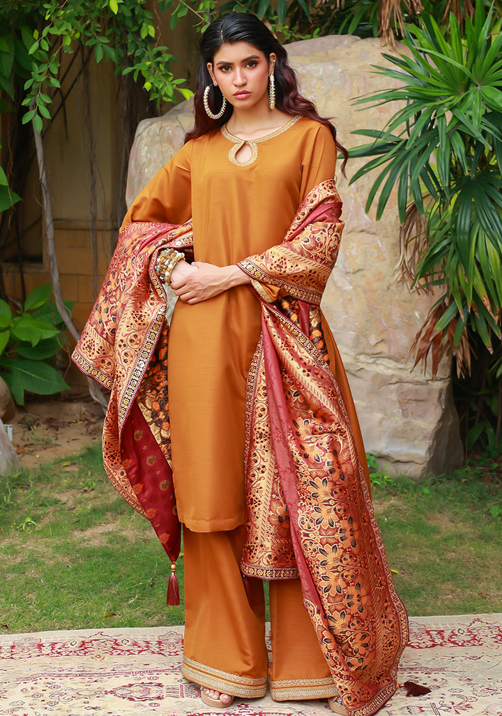 Huma Adnan - Sabeen - Jamawar - Mustard - 3 Piece