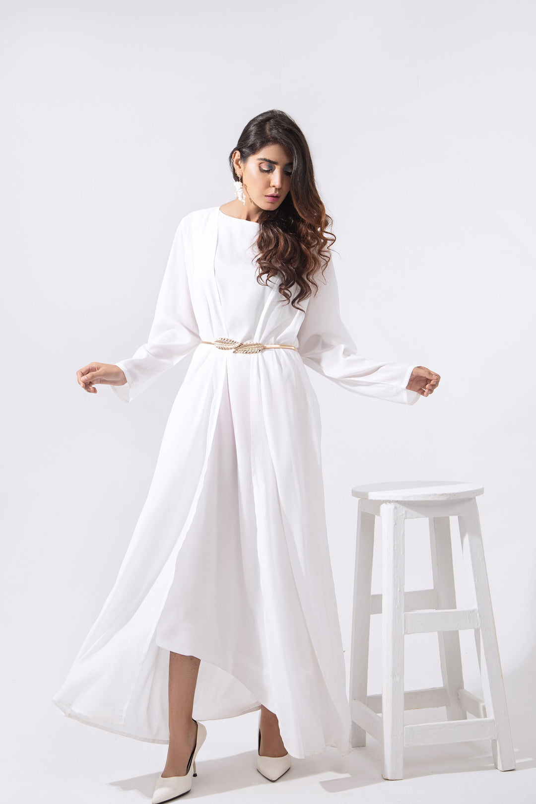 Syah - Diagonal Cut Maxi With Cape - White - 2 Piece
