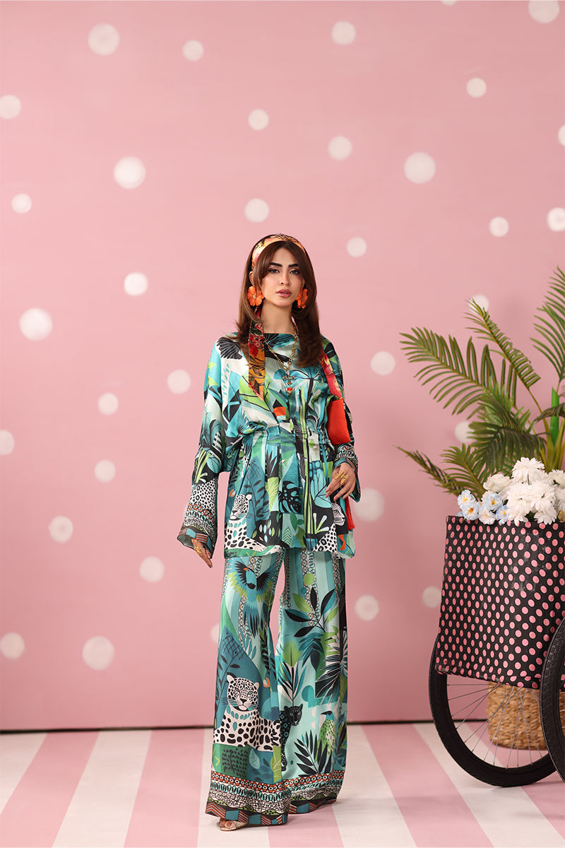 Musferah Saad - Azure Ambush Printed Silk Suit For Women - 3 piece