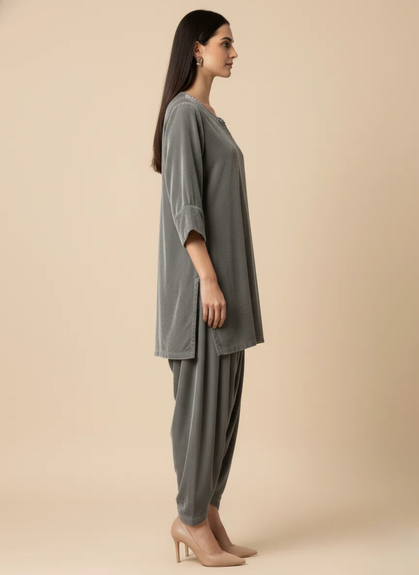 Shehrnaz - Seraph Grey Velvet Suit For Women - 3 Piece