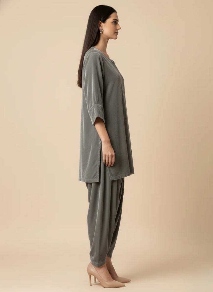 Shehrnaz - Seraph Grey Velvet Suit For Women - 3 Piece