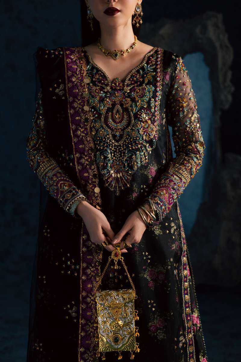 Maria Osama Khan - Mehtab Black Organza / Raw Silk Suit For Women - 3 Piece