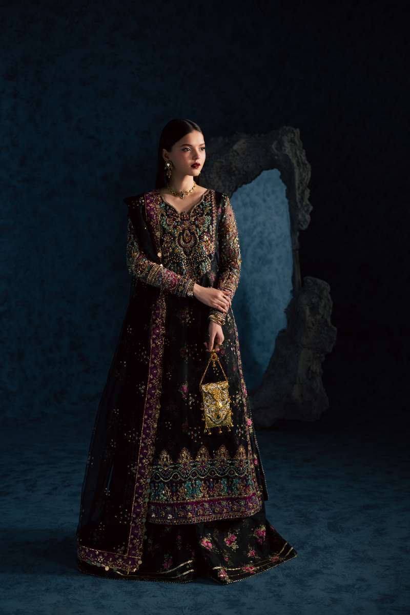 Maria Osama Khan - Mehtab Black Organza / Raw Silk Suit For Women - 3 Piece