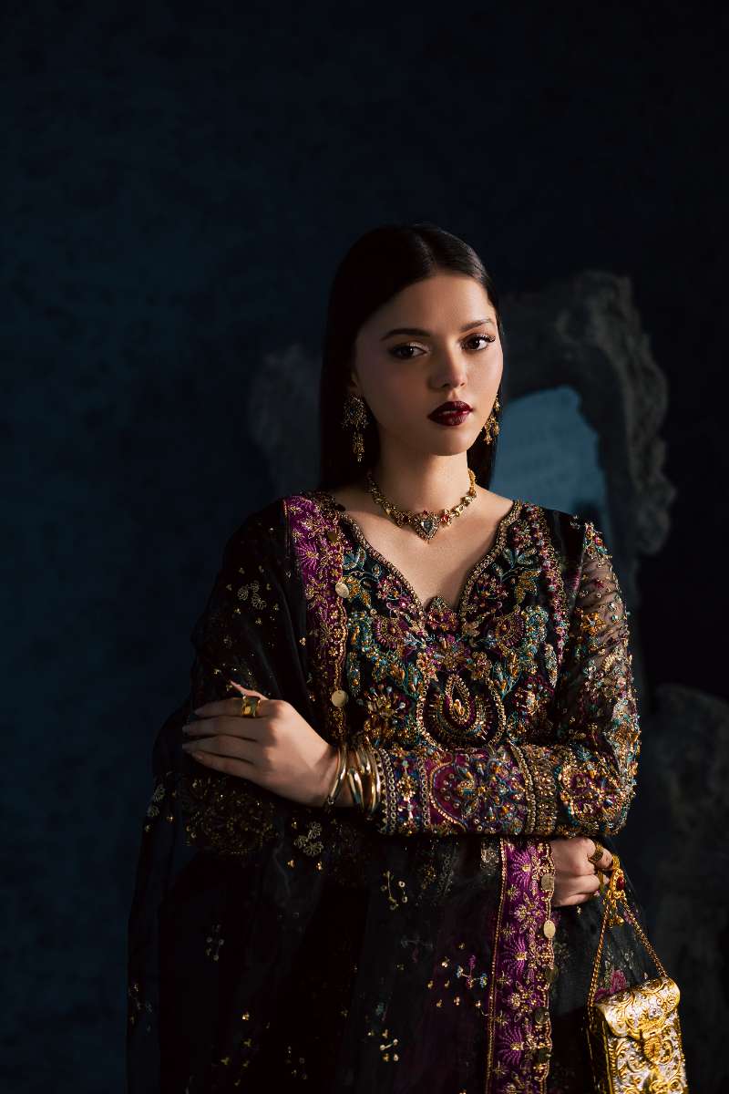 Maria Osama Khan - Mehtab Black Organza / Raw Silk Suit For Women - 3 Piece