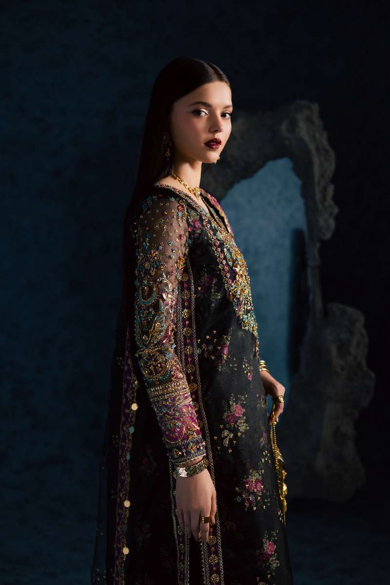 Maria Osama Khan - Mehtab Black Organza / Raw Silk Suit For Women - 3 Piece