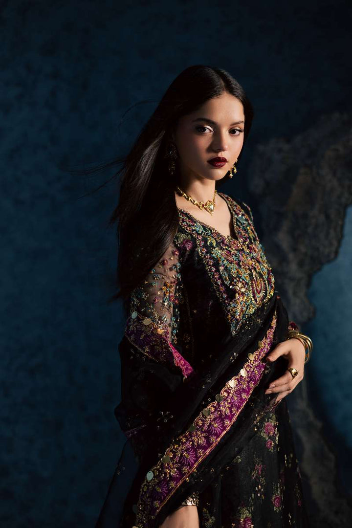 Maria Osama Khan - Mehtab Black Organza / Raw Silk Suit For Women - 3 Piece