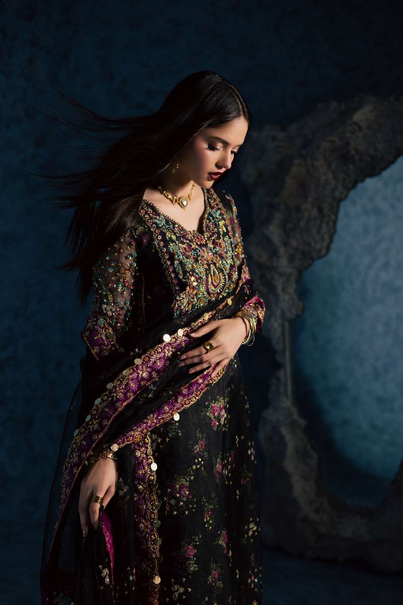 Maria Osama Khan - Mehtab Black Organza / Raw Silk Suit For Women - 3 Piece