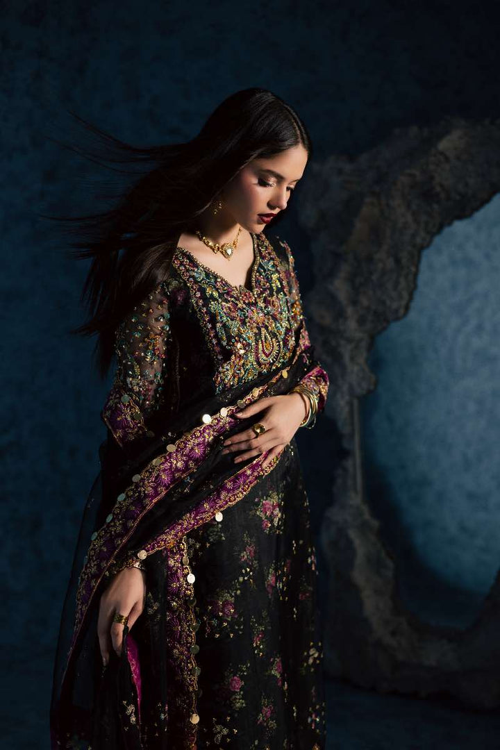 Maria Osama Khan - Mehtab Black Organza / Raw Silk Suit For Women - 3 Piece