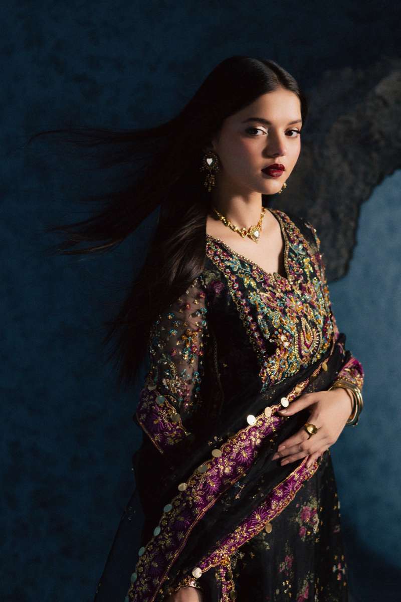 Maria Osama Khan - Mehtab Black Organza / Raw Silk Suit For Women - 3 Piece