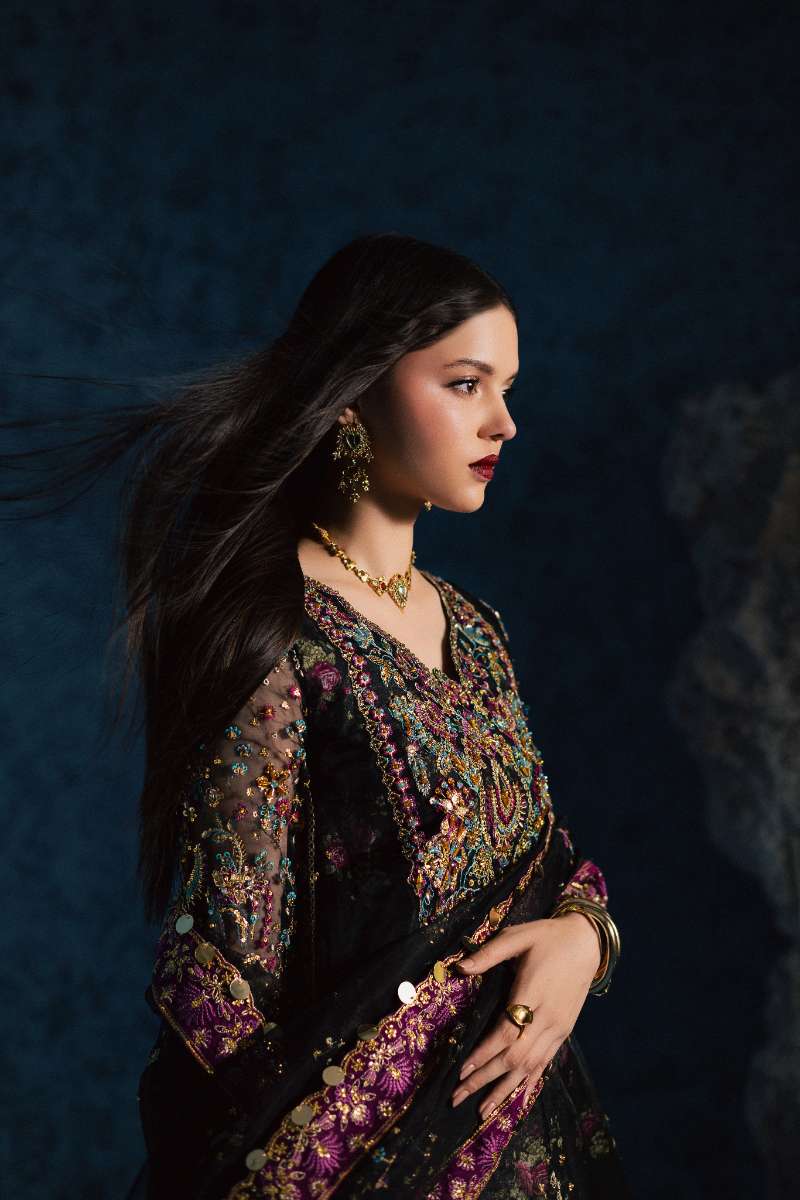 Maria Osama Khan - Mehtab Black Organza / Raw Silk Suit For Women - 3 Piece