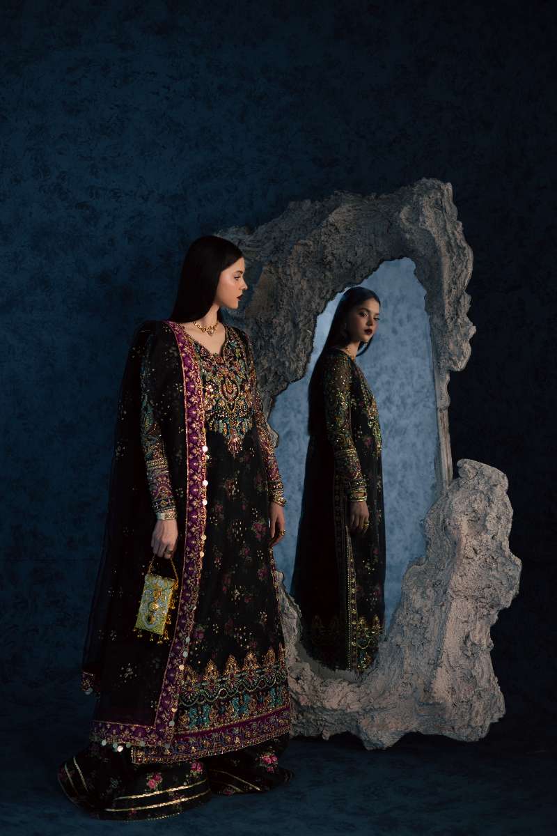 Maria Osama Khan - Mehtab Black Organza / Raw Silk Suit For Women - 3 Piece