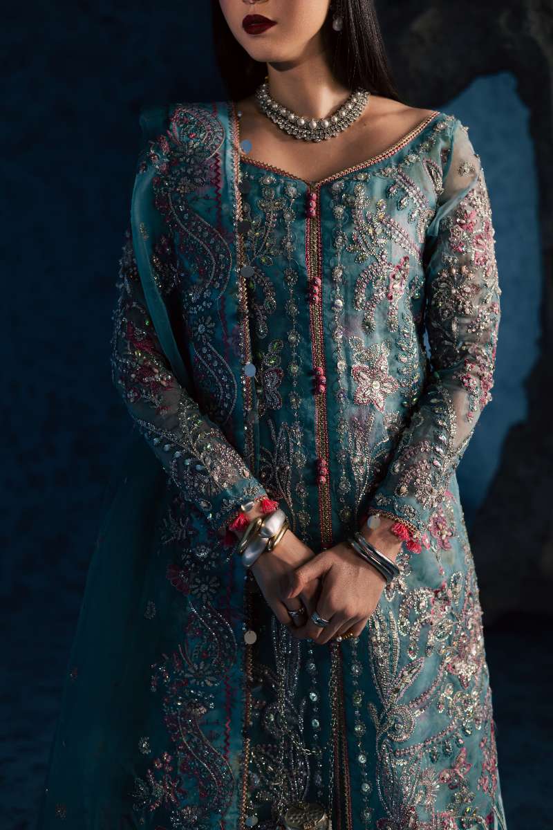 Maria Osama Khan - Neelum Ice Blue Organza / Raw Silk Suit For Women - 4 Piece