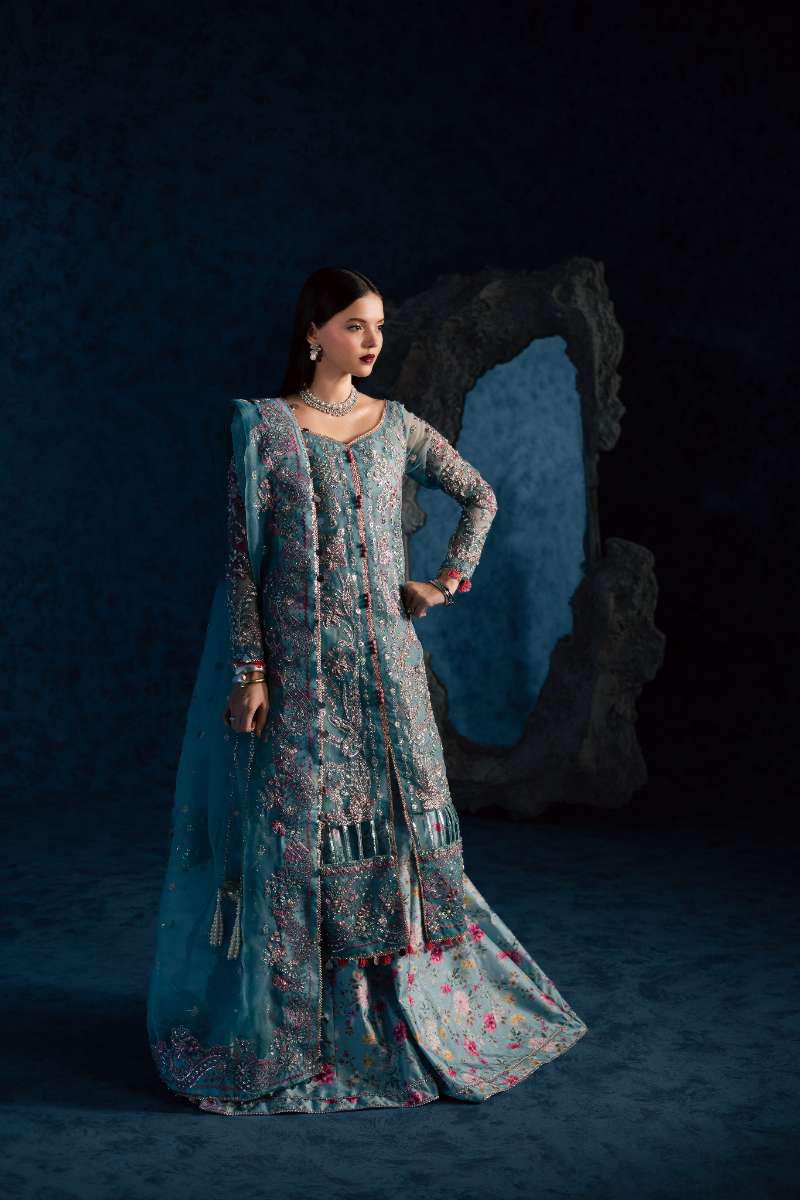 Maria Osama Khan - Neelum Ice Blue Organza / Raw Silk Suit For Women - 4 Piece