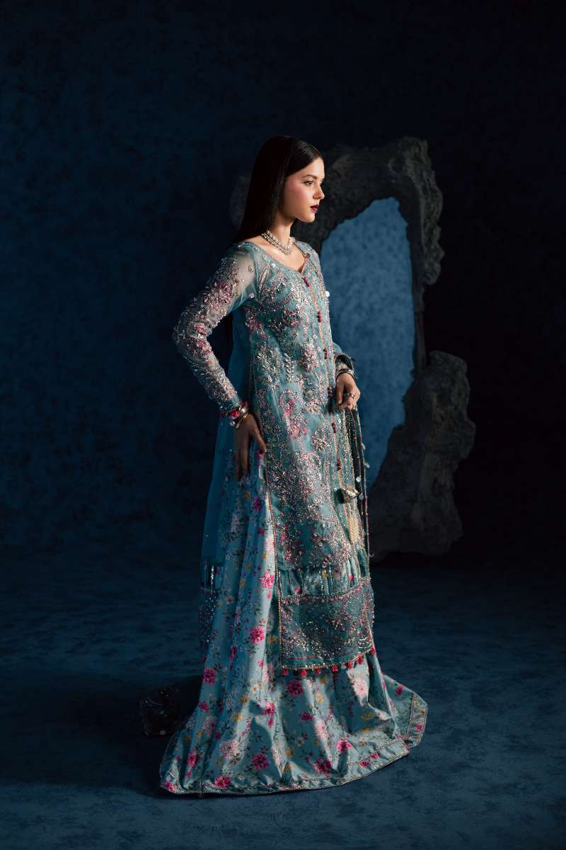 Maria Osama Khan - Neelum Ice Blue Organza / Raw Silk Suit For Women - 4 Piece