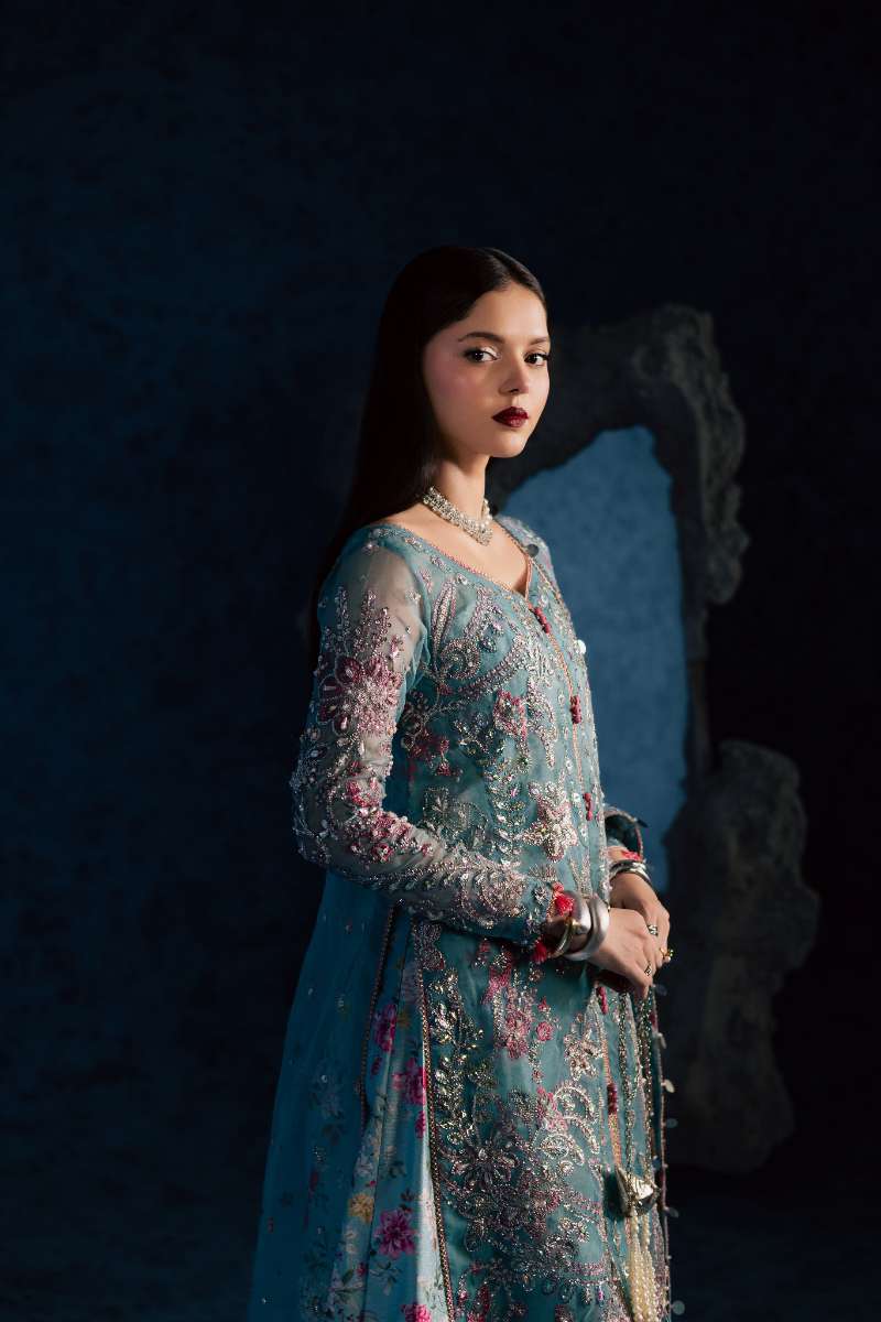 Maria Osama Khan - Neelum Ice Blue Organza / Raw Silk Suit For Women - 4 Piece