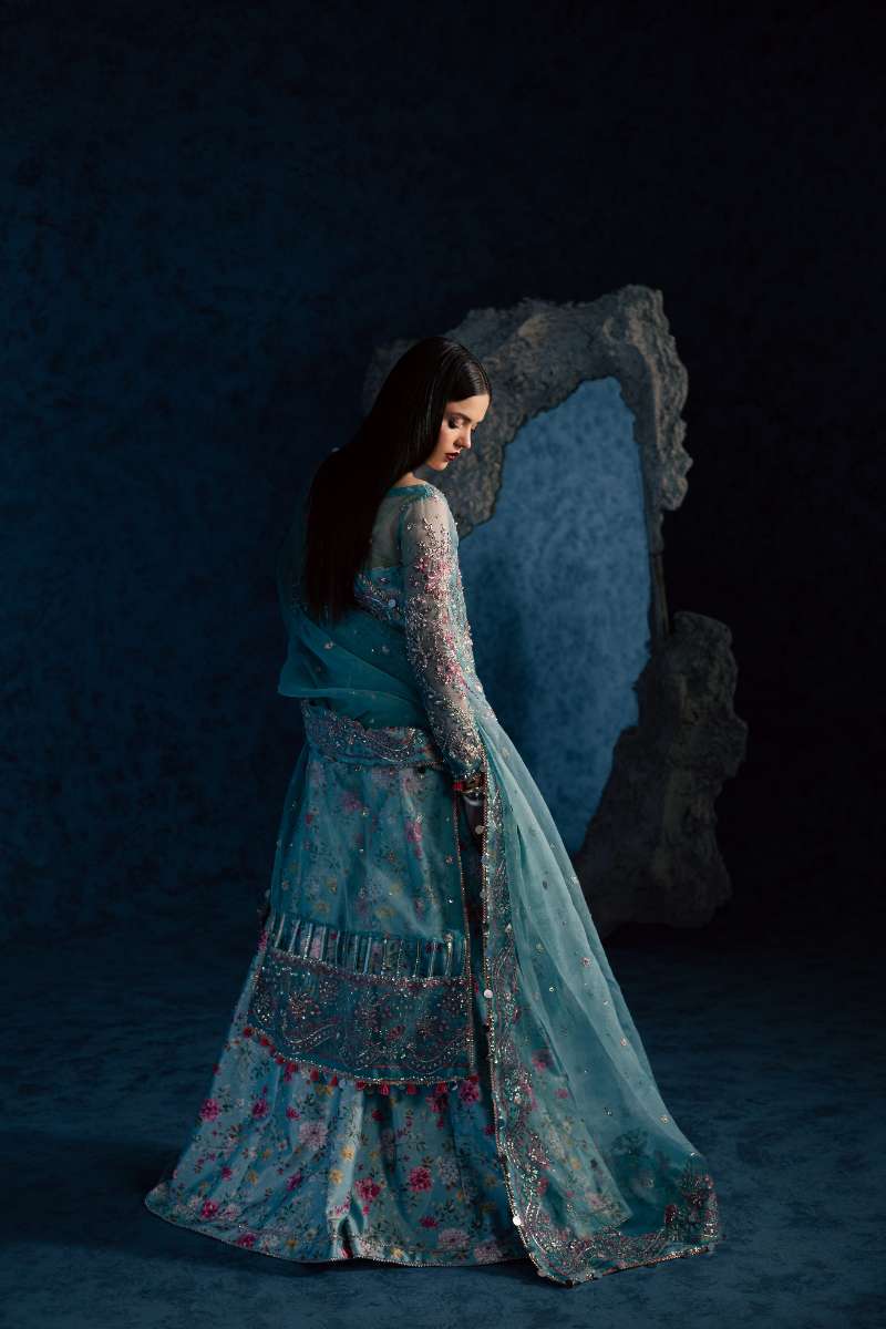 Maria Osama Khan - Neelum Ice Blue Organza / Raw Silk Suit For Women - 4 Piece