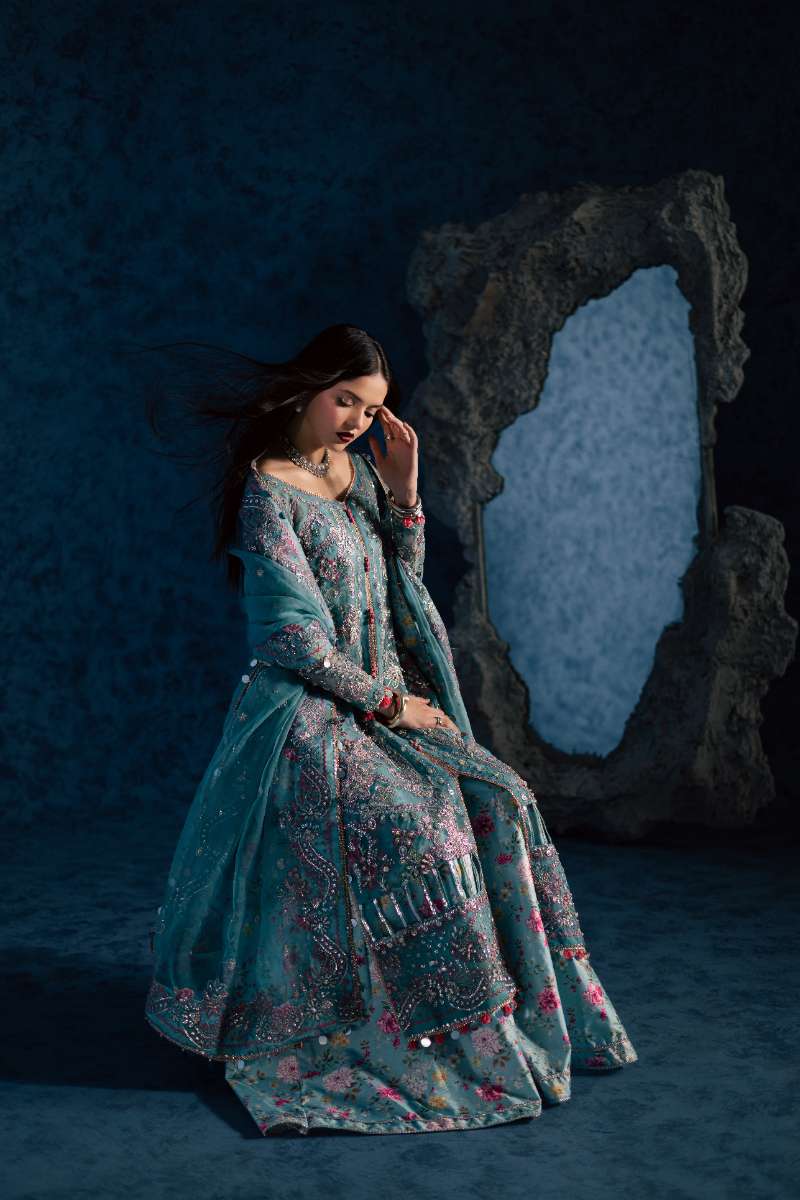 Maria Osama Khan - Neelum Ice Blue Organza / Raw Silk Suit For Women - 4 Piece