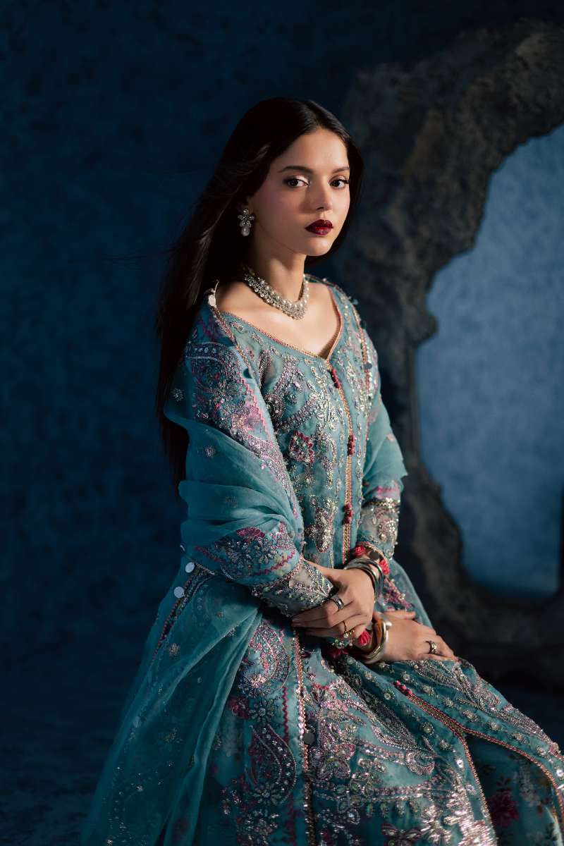 Maria Osama Khan - Neelum Ice Blue Organza / Raw Silk Suit For Women - 4 Piece