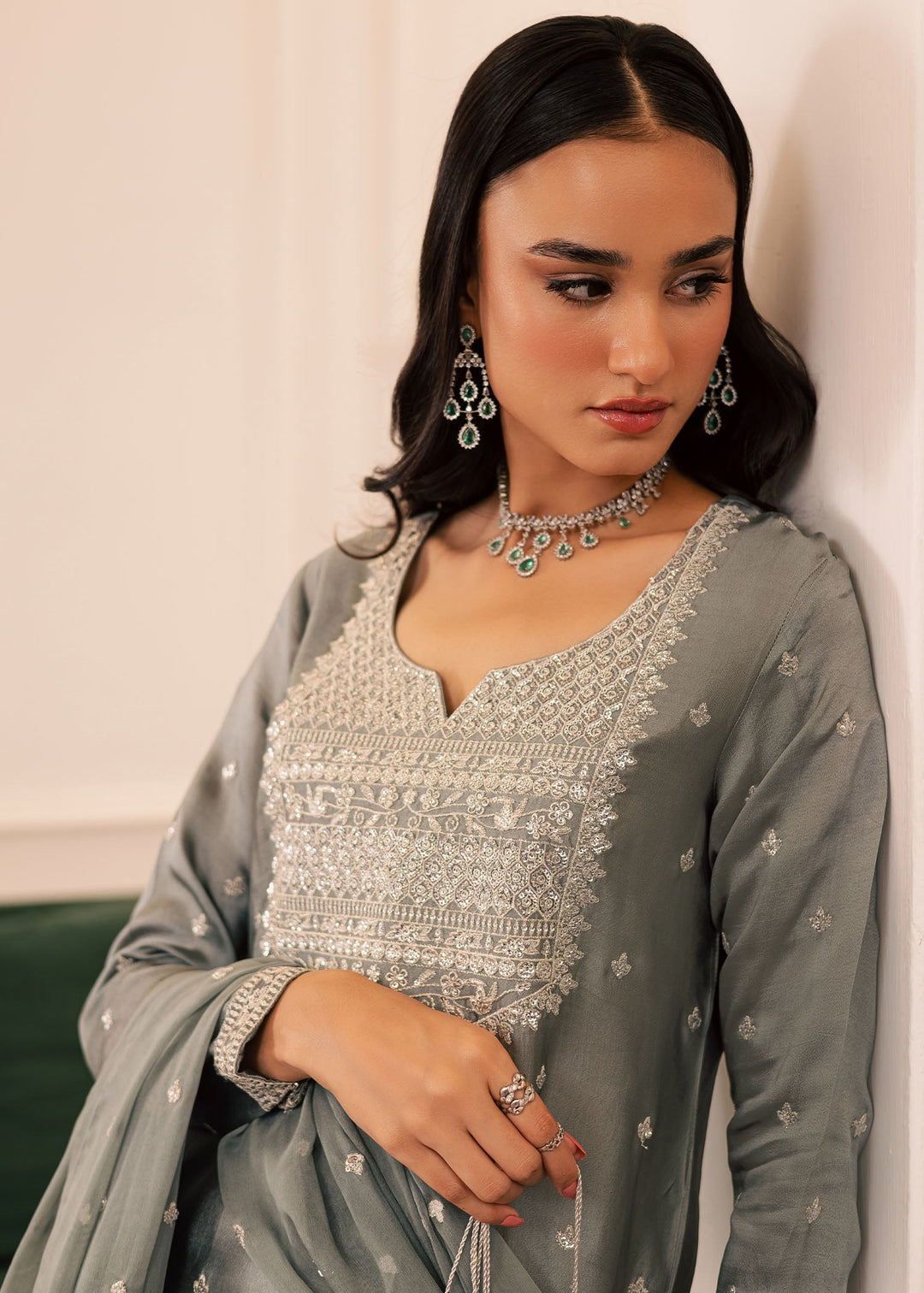 Allure By Ih - Wild Cloud Thai Silk Suit For Women - Ash Grey - 3 Piece