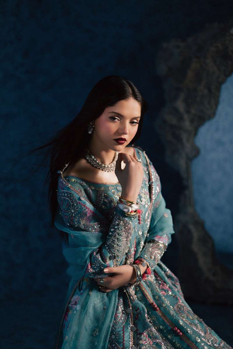 Maria Osama Khan - Neelum Ice Blue Organza / Raw Silk Suit For Women - 4 Piece